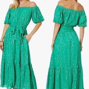 Lilly Pulitzer “Tamie Off The Shoulder”, Botanical Green Dress, Sz L, NWT